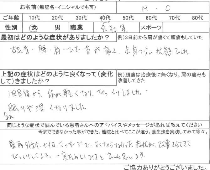 右足首・腰・肩・ひざ・首が痛く全身つらい状態でした。