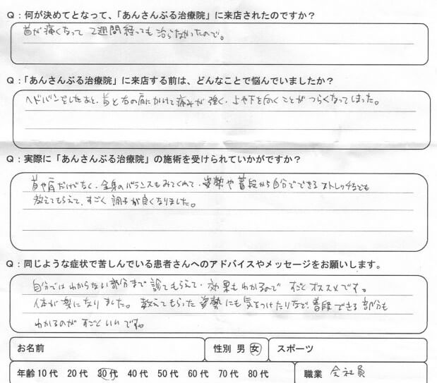 ヘドバンをして首と右肩を痛めて上や下を向けない状態が2週間