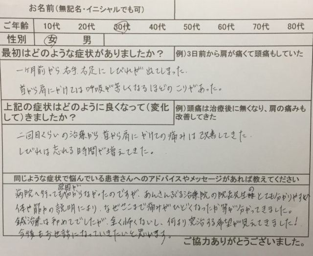 右腕のしびれから胸痛そして右足しびれ【MRIでも原因が不明】鍼灸で改善した1症例