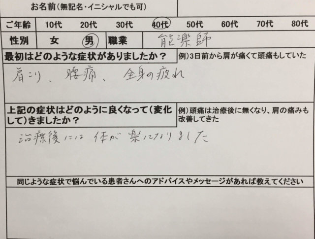 能楽師40代男性の肩こり腰痛全身疲れ。整体鍼灸で改善された1症例