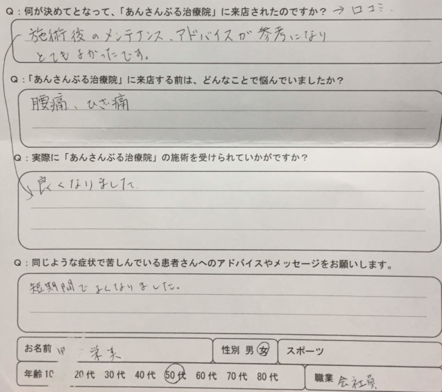 2日前から急に腰が痛く右足もしびれていた50代女性の整体鍼灸の一症例