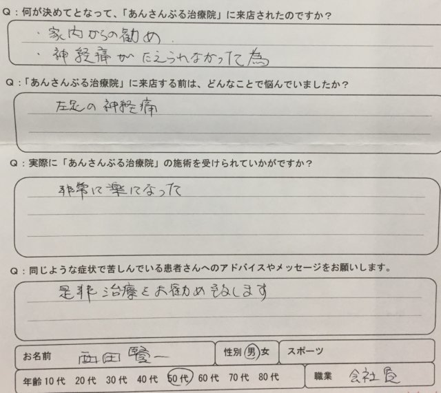 左足の神経痛でMRIで「腰椎の圧迫が原因」と診断されたが1ヶ月経っても治らず整体鍼灸希望で来院した男性