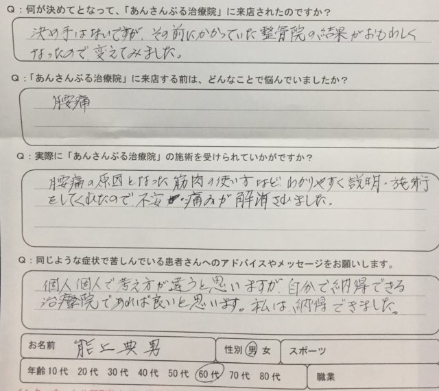 整骨院で腰痛が治らない60代男性【1年前からの慢性的な腰痛】整体鍼灸で改善した一症例