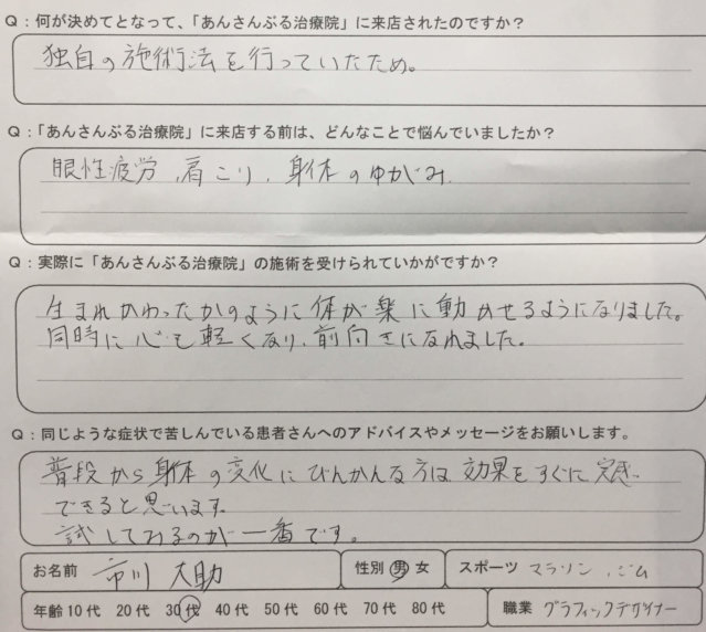 自律神経失調症からくる眼精疲労、肩こり、体のゆがみで来院した30代男性の一症例