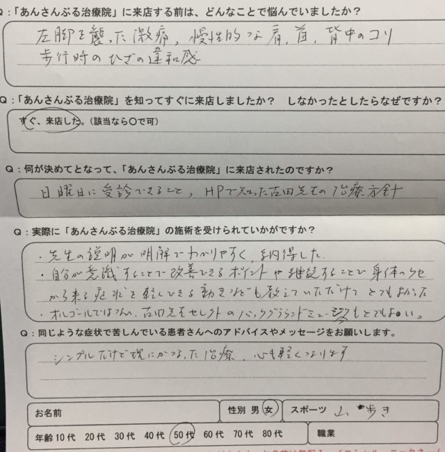 左足を襲った激痛（もも付け根、もも上部、膝痛）と腰痛で来院された50代女性の一症例