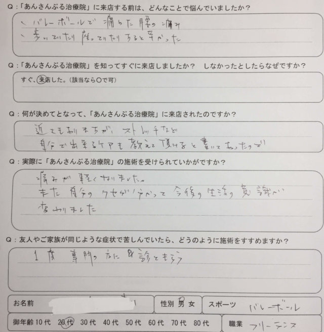 バレーボールで腰が痛い【歩いたり座ったりが辛い】整体治療でよくなった１症例