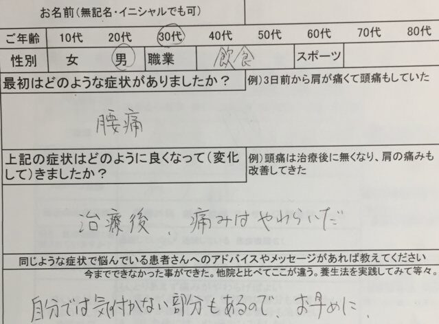 飲食店（立ち仕事）勤務、腰痛の30代男性の１症例