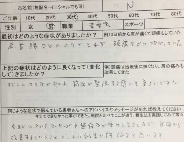 首肩背中の張りやコリ【音楽家】慢性的な辛さや緊張がやわらいだ1症例