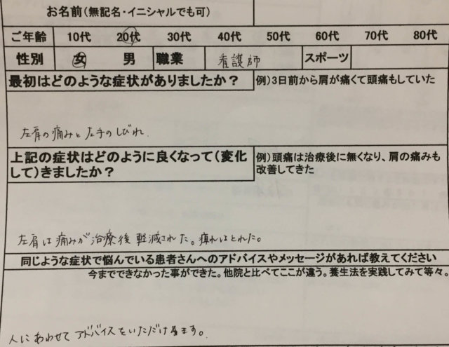 左肩の痛みとしびれ【肩甲骨間の痛み】改善した20代女性看護師の1症例