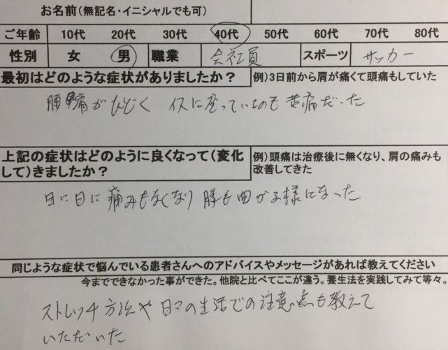 サッカー後の腰痛【1週間前から】40代男性の1症例