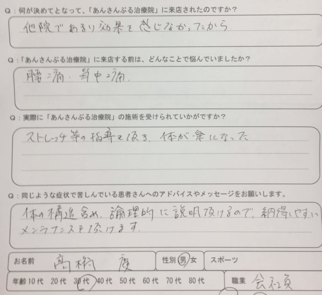 1週間前から腰痛肩こりがひどくなる【他院で効果感じず】来院された30代男性