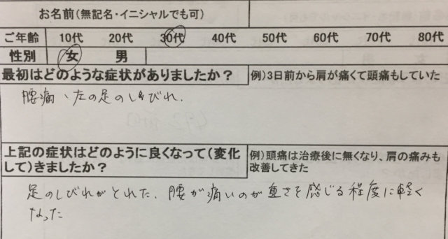 左足のしびれと腰痛【立ち仕事で腰痛、Dワークでしびれ】30代女性の1症例